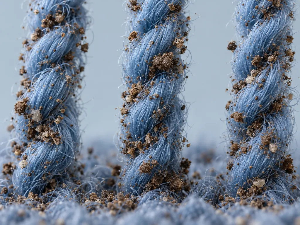 Close-up of three blue carpet fibers with dirt particles clinging to them