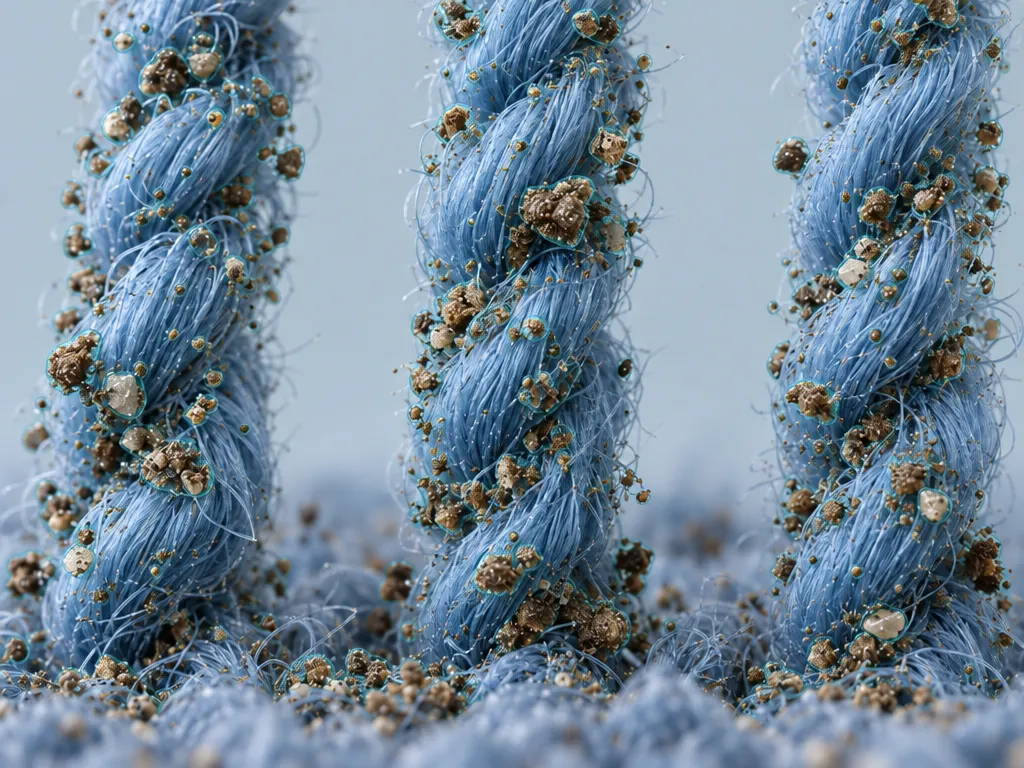 Close-up of carpet fibers with a thin cleaning film surrounding each dirt particle