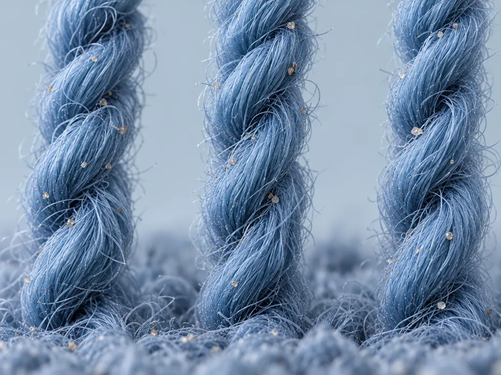 Close-up of clean carpet fibers with a few tiny dirt crystals left to be vacuumed up