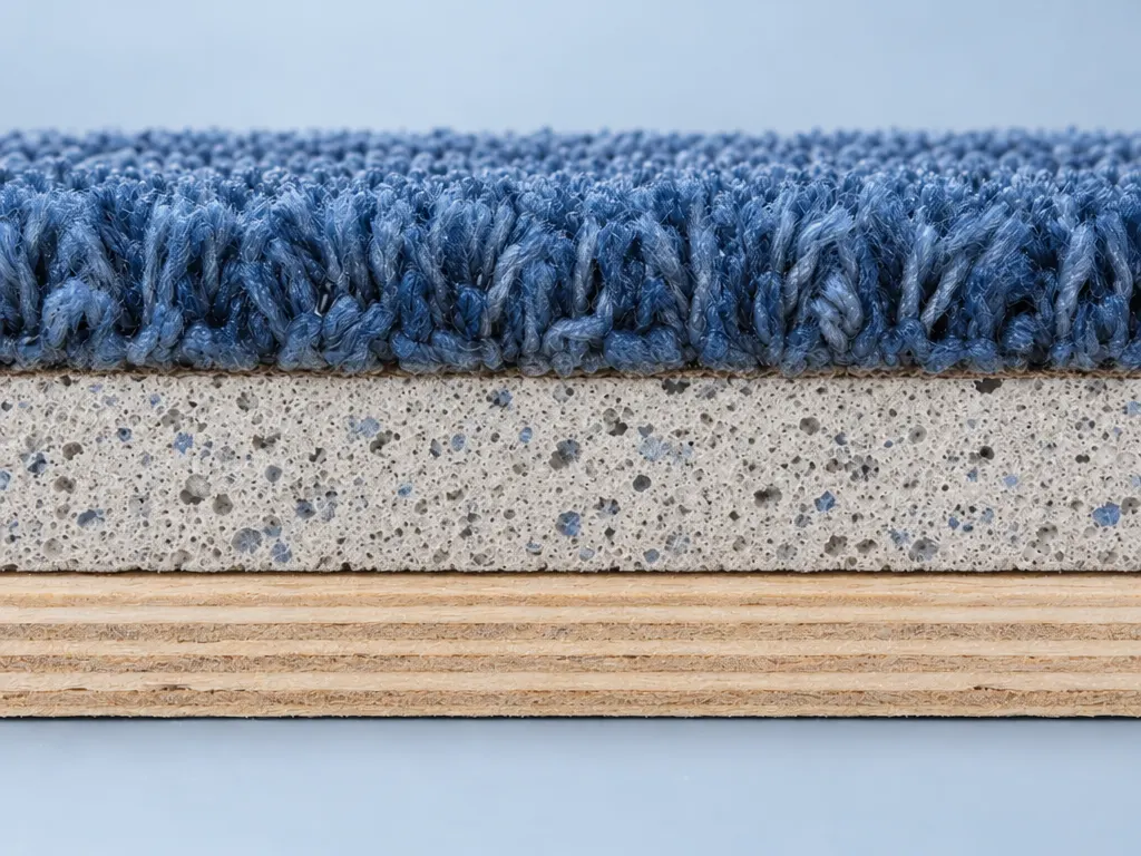 Cutaway of dry carpet, pad, and plywood subfloor with no moisture