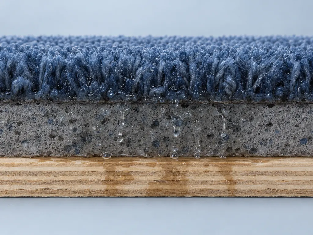 Cutaway of carpet, pad, and plywood subfloor with water soaking down through the pad